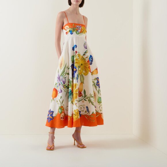 Alemais Pomegranate Floral Print Square-Neck Linen Midi Dress - Picture 2 of 12